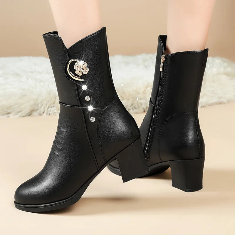 Botas de tornozelo femininas inverno grosso pelúcia confortável salto alto