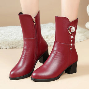 Botas de tornozelo femininas inverno grosso pelúcia confortável salto alto