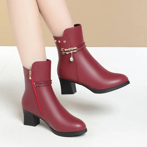 Botas de tornozelo femininas inverno grosso pelúcia confortável salto alto