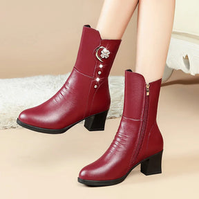 Botas de tornozelo femininas inverno grosso pelúcia confortável salto alto