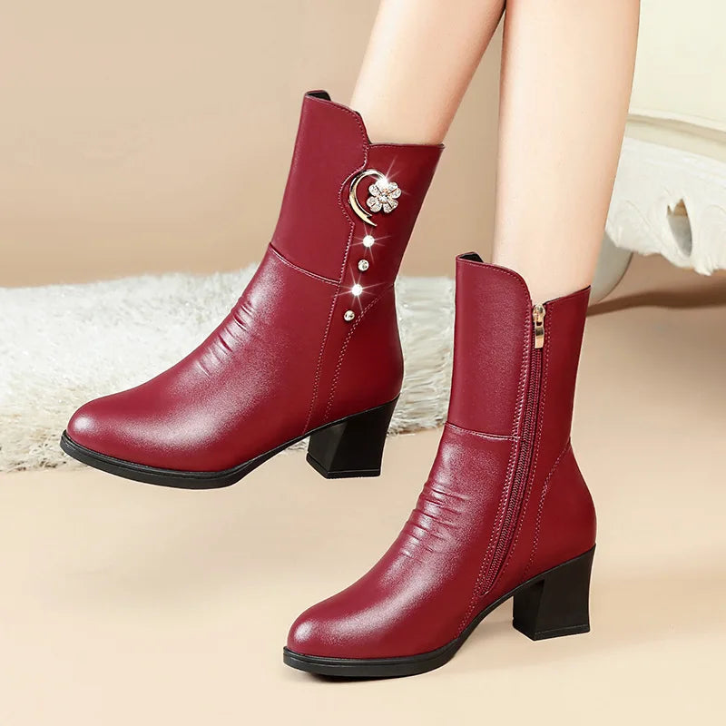 Botas de tornozelo femininas inverno grosso pelúcia confortável salto alto