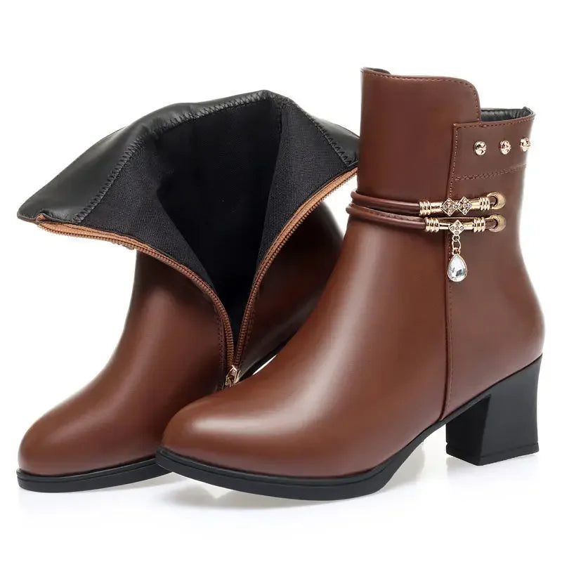 Botas de tornozelo femininas inverno grosso pelúcia confortável salto alto