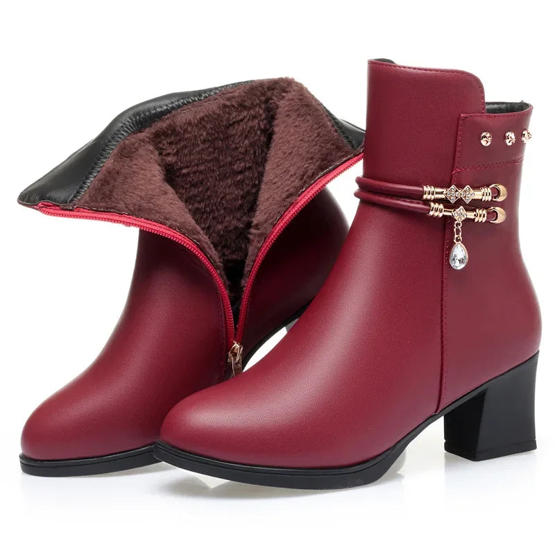 Botas de tornozelo femininas inverno grosso pelúcia confortável salto alto