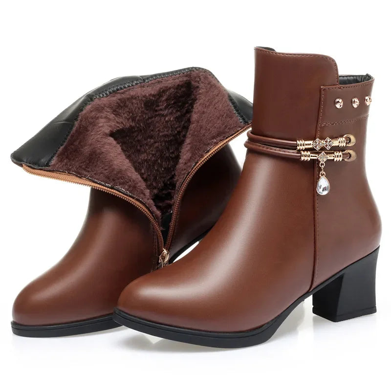 Botas de tornozelo femininas inverno grosso pelúcia confortável salto alto